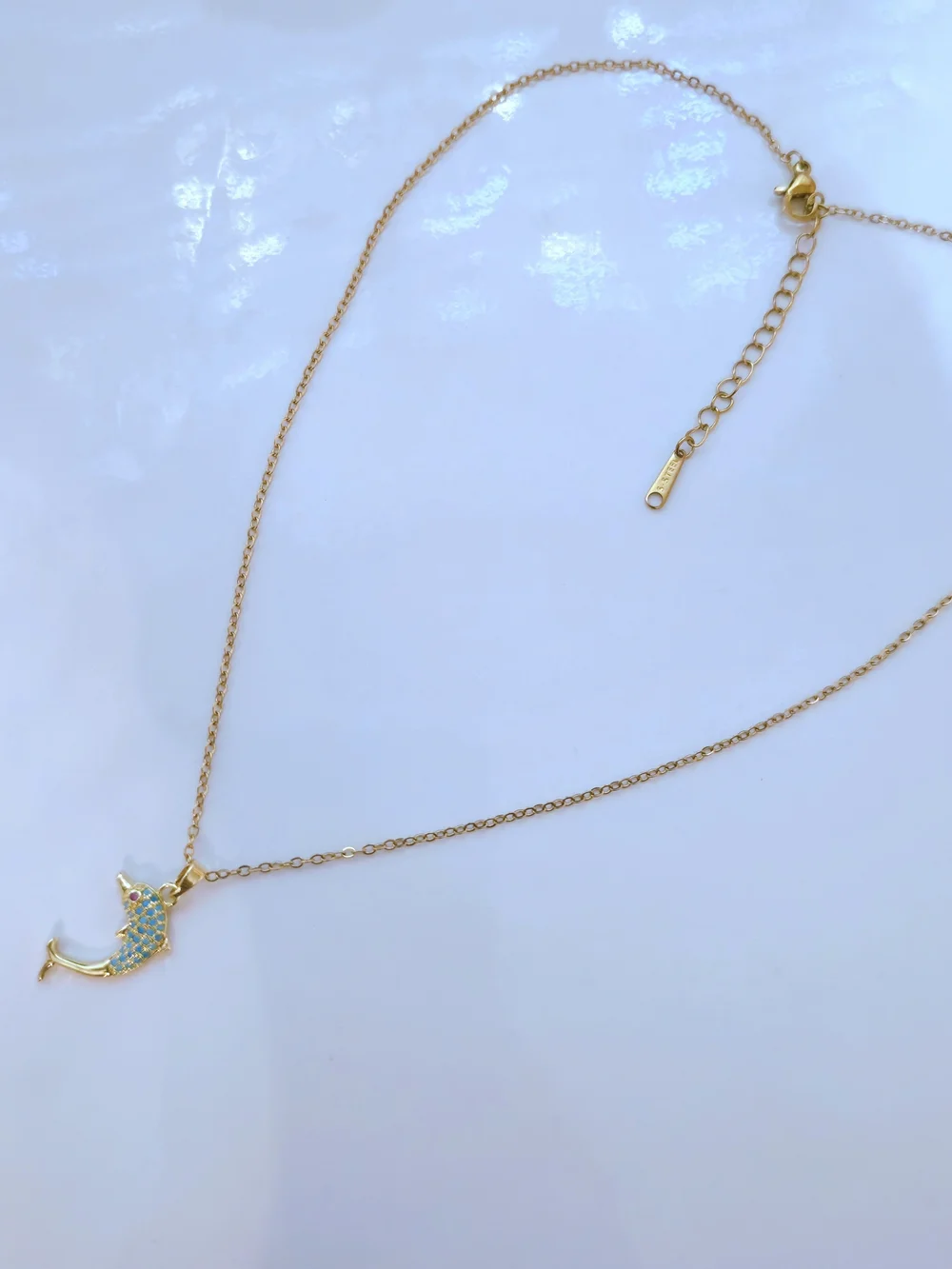 Gold Dolphin Pendant Necklace with Blue Zircon Accents Sea Life Beach Summer B03